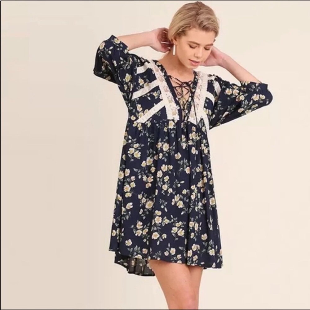 Umgee USA Navy Floral Swing Babydoll Dress